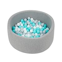 Babyzee Kids Foam Ball Pit includes 200 Balls, Kids Ball Pool, Ball Pit 90cmx30cm - Light Grey, Balls 6cm Diameter - Blue, Grey & White