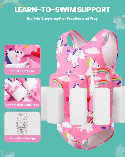 Image of DivingBirds Toddler Floatie Swimsuit with Hat for Boys Girls, Sleeveless Swim Suit with Floatation, 1-6Y