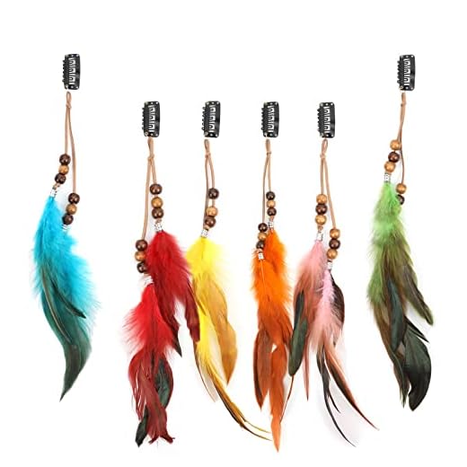 Boho Feather Hair Clips Hippie Hair Extensions 6 Pcs Indian Tribal Bead Gypsy Colorful Handmade Feather Tassel Headpiece Festival Cosplay DIY Present for Girl Women Hair Accessories