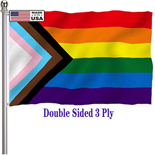 Progress Pride Rainbow Flag 3X5 Outdoor Double Sided 3 Ply-Lgbtq Gay Lesbian Bisexual Non Binary Transgender All Inlcusive Progressive Pride Rainbow Flag Vivid Color Heavy Duty Polyester Flags With 2 Brass Grommets #TOP11