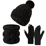 Runmeihe Hat Scarf Gloves Set for Women Ladies, 3 in 1 Winter Warm Knitted Set, Cold Weather Set with Knit Beanie Cap Touch Screen Gloves Circle Neck Scarf (UK, Alpha, One Size, Black)