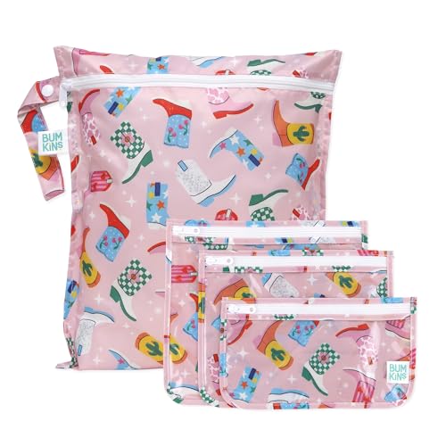Image of Bumkins - Waterproof Wet Bag & Clear Travel Bags - For Beach, Baby, Travel, Swim Suit, Cloth Diapers, Pump Parts, Pool, Gym, Toiletries - Reusable & Easy to Clean - Cowgirl Boots - 4 Pack