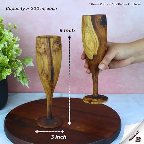 Image of NAVRANG Wooden Champagne Glasses Set of 2 | Handcrafted Teak Wood Champagne Glasses | Unique Rustic Drinkware for Gifting, Barware, Parties, Dining & Special Occasions | Traditional Glass Set