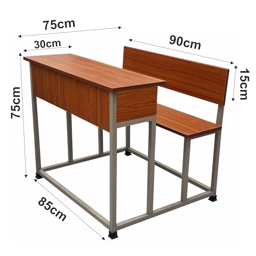 Image of ALKOSIGN Double Student Bench with Side Closed Shelf - Prelam Partical Board Natural Teak Top with Beige Powder Coating (90 CM) | for Classes 3rd to 7th | for School, Tuitions etc