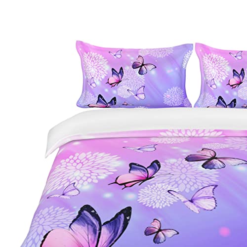 Faiiuerk Girly Butterfly Queen Size Duvet Cover Set Butterflies Purple And Pink Printed Bedding Set(1 Duvet Cover + 2 Pillow Cases) #TOP5