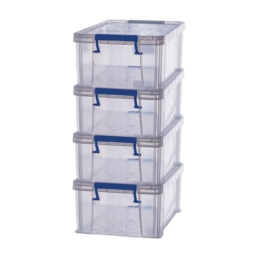 Bankers Box Prostore 4 scatole portaoggetti in plastica con coperchio, 10 litri, impilabile, scatole per armadio super resistenti, dimensioni 14x34x21.5 cm, contenitori plastica trasparente, 4 unità
