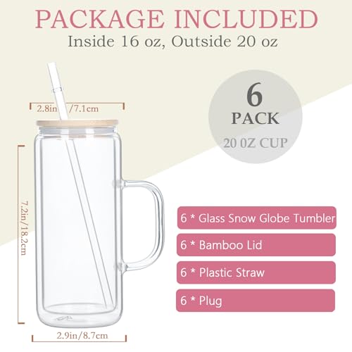 Cosictic 20 OZ Glas-Schneekugel-Tumbler mit Griff und vorgebohrtem Loch, 591ml, Doppelwandige Schneekugelbecher für Schneekugel Glitzer DIY, (6 Stück)
