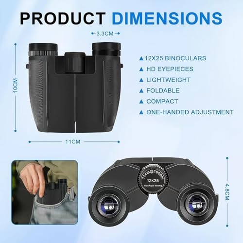 Binoculars 12x25 for Adults Night Vision Binoculars Compact Binocular Lightweight Waterproof Pocket Binoculars for Bird Watching, Concerts, Golf, Travel, Hiking & Sports