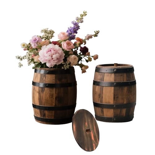 2 Pcs Wood Wine Barrel Vase 6" x 5" – Rustic Wooden Flower Vase Planter for Wedding Reception, Home Indoor Outdoor Garden, Kitchen, Party Table Decoration