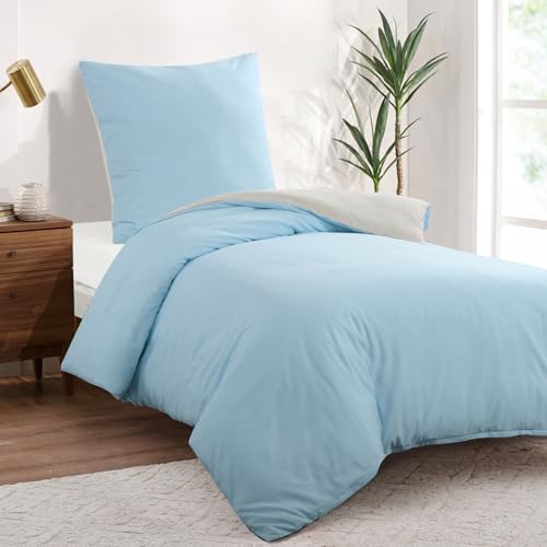 Aisbo Bettwäsche 155x220 2teilig Hellblau Beige - Bettwäsche Sets 1 Bettbezug 155x220 cm + 1 Kissenbezug 80x80 cm… – Ansicht 2