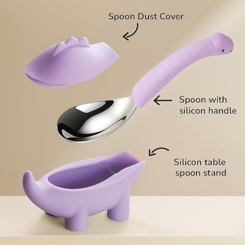 Image of Silicone Spoon for Baby, Purple Toddler Feeding Spoon, Silicone Kids Spoon with Dinosaur Case, 1 Pc, Travel Friendly Mealtime Utensil, Daily Feeding Essential