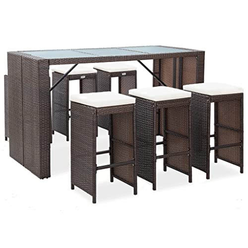 Mhdvray Ensemble de Bar de Jardin 7 Pièces en Résine Tressée Marron - Salon de Terrasse avec Grande Table en Verre Trempé et 6 Tabourets avec Coussins -...