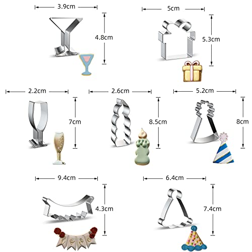 Birthday Cookie Cutters Baking Set - 7 Pieces Stainless Steel Martini Glass, Christmas Gift Present Box, Champagne Glass, Candle, Banners, Birthday Hat Shaped Biscuit Molds Cookie Cutter For Party #TOP1