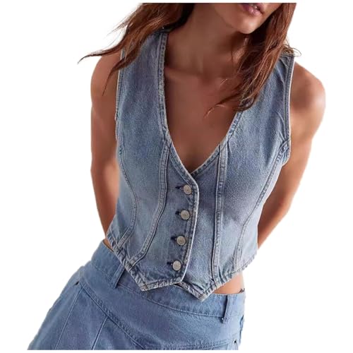 Women's Denim Vest - Adjustable Waist Jean Vest - Premium Washed Denim Sleeveless Jacket - Casual and Party Wear