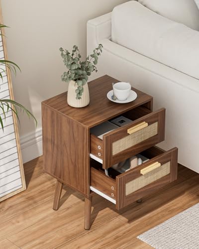 Image of Masupu Rattan Night Stand, Modern nightstand Boho Bedside Table with 2 Drawer, Small End Side Table for Bedroom, Living Room, Office, Walnut