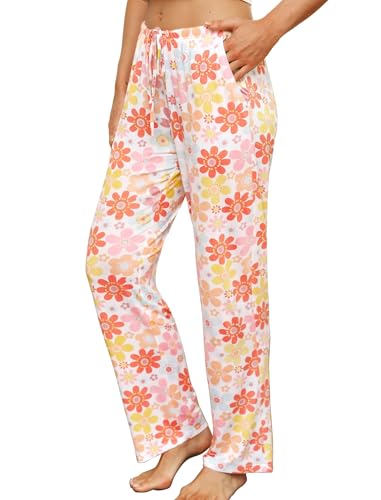 ENJOYNIGHT Damen Schlafanzughose Lang Baumwolle Pyjamahose Print Schlafhose Freizeithose mit Taschen und Kordelzug (XX-Large,Rosa Blume)