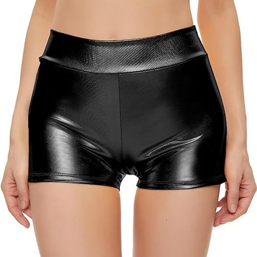 Pantalones Cortos Sólido Desnudo Imitación Cuero Pantalones Cortos Metálicos Brillante para Mujers Sexy Shorts Cintura Elástica Brillantes Shorts para Disfraces Baile Discoteca y Fiestas