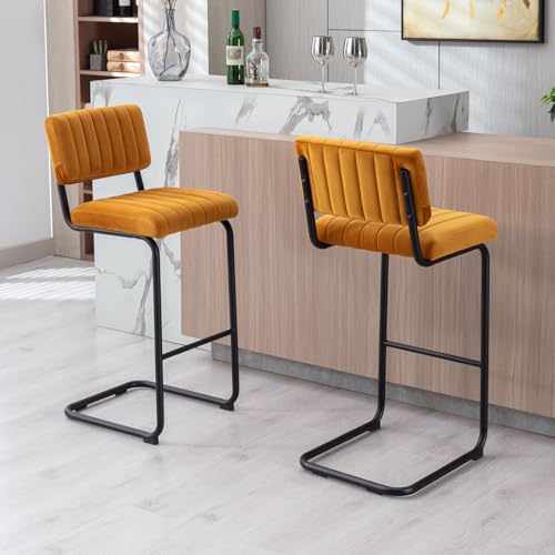 Image of Modern Barstools Set of 2, Comfy Bar Chairs with Velvet Upholstery Foam, 30'' Bar Height Stools for Kitchen Island, Armless Kitchen Stools for Dining Room, Orange