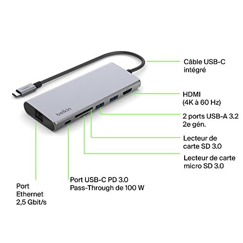 Hub USB-C Belkin adaptateur multiport avec lecteur carte SD micro SD
