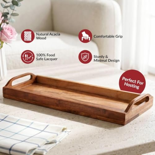 Image of Nestasia Wooden Serving Tray with Handles (41x16cm) - Acacia Wood Rectangular Brown Tray for Dining & Coffee Table | Platter for Serving Tea, Cakes, Snacks, Breakfast & Home Decor (Deep Brown)