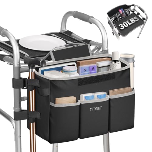 Ytonet Walker Basket with Tray, Detachable Walker Tray for Folding Walkers, Large Capacity Storage Basket with Phone and Crutch Holder, Water-Resistant Non-slip Walkers Accessories for Seniors (Black)
