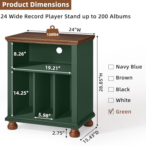 LELELINKY Plattenspieler Ständer, Plattenspieler Regal Bietet Platz für bis zu 200 Alben, Großes Holz Plattenspieler Tisch, Schallplatten Regal für Wohnzimmer, Schlafzimmer, Büro, Grünes