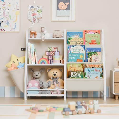 LATIBELL 3 Tier Kids Bookshelf and Toy Storage, Kids Book Sling Shelf, Montessori Baby Toddler Bookshelf for Kids, Kids Bookcase, Toy Storage Organizer, for Playroom, Bedroom, Nursery (White) - Thumbnail 3