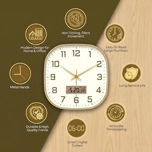 Image of STAR WORK 12 inch Inch Square Silent Non-Ticking Quartz Movement Wall Clock with Analog & Digital Display | Easy-to-Read Numbers | Modern Design for Living Room, Bedroom or Office (White - Gold Digital)