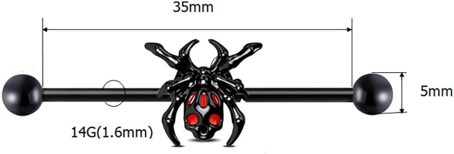 14G Black Spider Industrial Barbell Cartilage Earrings for Women Men Surgical Steel 35mm Helix Cartilage Industrial Barbell Halloween Body Piercing Jewelry