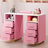 Paddie Beauty Manicure Table with Storage Drawers, Nail Desk for Nail Tech Acetone Resistant with Wrist Rest, Beauty Salon Workstation with Golden Base(Pink&Marble)