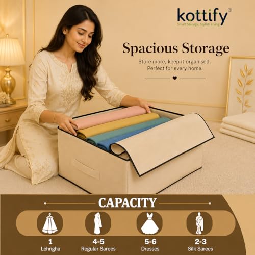 Image of Kottify Pack of 3 Cotton Canvas Clothes Storage Bags /Saree Covers with Zip for Storage Specially Design for Woman Dresses, Sarees, Lehengas for Wardrobe Organizer (17 x 14 x 7 Inch)