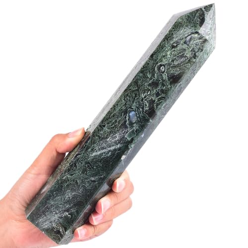 MOGEMT Moss Agate Crystal Tower Large Healing Point Obelisk 10-12 inch