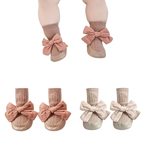 Image of WATOCHE Baby Girl Socks Look Like Shoe Toddler Ant-slip Socks with Grips Baby Long Socks with Cute Bows Floor Shoes Socks(Coffee+Kaqi Bow,0-6M)