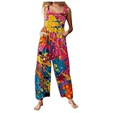 Generisch Damen Latzhose Mit Verstellbare Träger Festlich Vintage Floral Gedruckt Lose Baggy Overall Lang Jumpsuit Karneval Kostüm Fasching Weites Bein Playsuit Hosenanzug Hohe Taille A-Linie Romper