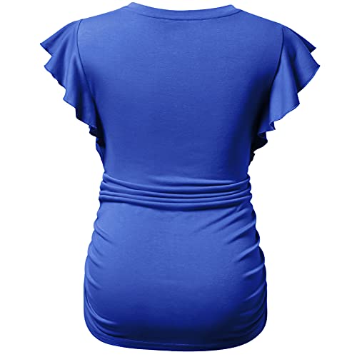 Momood Stylish Maternity Pregnancy V Neck Ruffle Short Sleeve T Shirt Side Ruched Top Shirt Royal Blue Large #TOP1