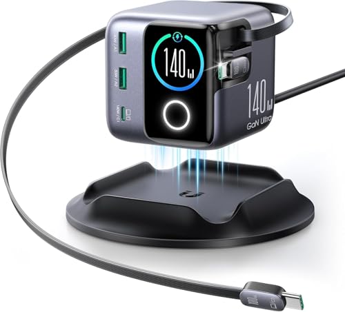 Image of 5-in-1 USB C Charging Station, 140W Ultra-Fast 5-Port Desktop Charger with Dual Retractable 100W USB-C Cables (2.6ft), 1.54 inch Smart LCD Power Display for Mac Book, 1Phone, Home & Office (JR-TRD01)