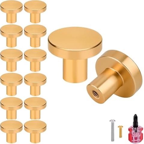 Ofiswadi 14 Pcs Gold Dresser Knobs -(Small) 1" X 0.87", (Brass Color) Gold Cabinets Pull Handles Knobs for Drawer, Cupboard, Kitchen, Closet & Wardrobe Doors, Brushed Brass Knobs for Furniture Cover