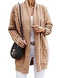 Maxwinee Strickjacke Damen Schalkragen Offene Vorne Zopfmuster Winter Cardigan mit Tasche Elegant Strickmantel