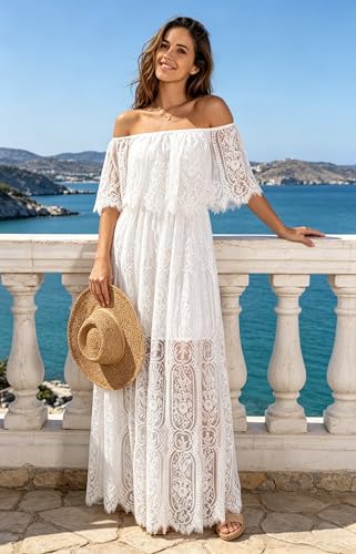 Image of Cercis Womens Off The Shoulder Floral Lace Maxi Wedding Dress Boho Flowy Wedding Guest Formal Long Dresses