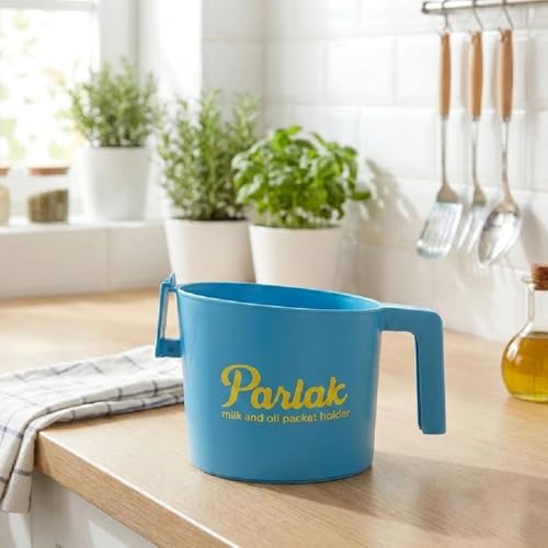 Image of Milk and Oil Packet Holder, Black Plastic Kitchen Organizer with Handle, Cylindrical Spill-Proof Pouring Container (Blue, Small)