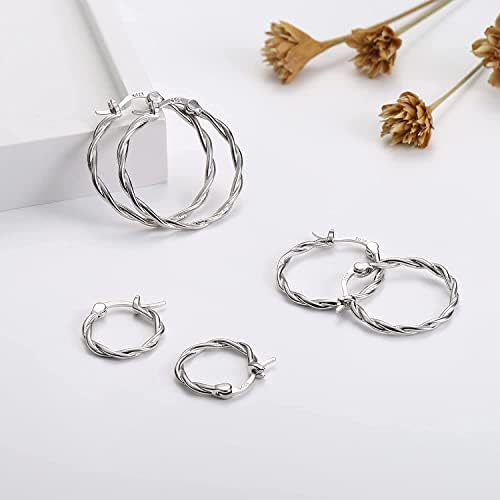Finrezio 3 Pairs 925 Sterling Silver Twisted Hoop Earrings Set for Womens Hoop Huggie Hinged Earrings Sleeper Earrings Hypoallergenic Sizes 15-25mm