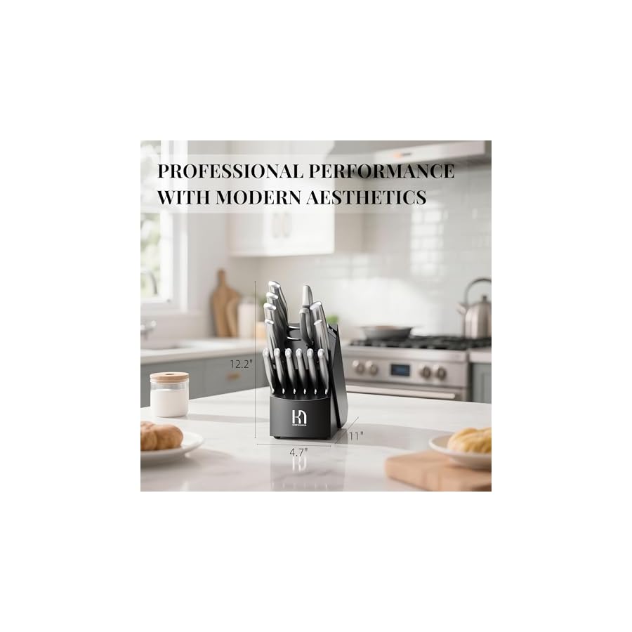 Knife Set Premium, Kitchen Knife Block Set 14 Pcs Japanese High Carbon Stainless Steel Enduring Razor Sharp, Black Chef Knives Set for Kitchen with Built-in Sharpener and Acacia Wood Block