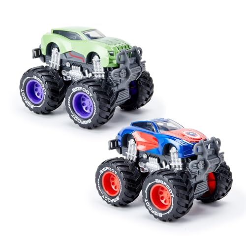 Iridety Movie Superhero 1:64 Scale Monster Trucks Toy Trucks,Metal Body,Giant Wheels, Favorite Characters and Cool Designs, Age 3, 4-8 and Above（Captain+Hulk）