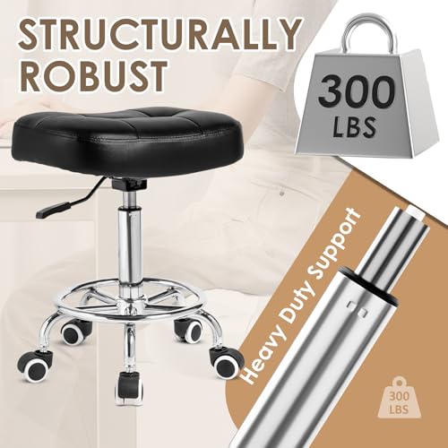 Rolling Stool Wider Rectangular Cushion-Provides a Comfortable, Stable Support Surface with Loop Footrest for Leg Support,Adjustable Stool with Wheels for Salon Tattoo Massage Office Home (Black) by YEEZEE - Used condition - Image 5