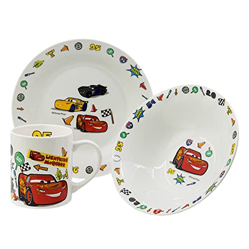 Set lanche cerâmica em caixa de presente 3 peças (tigela, prato, caneca) de carros - Disney