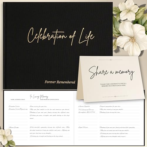Image of Celebration of Life Black Guest Book - Funeral Guest Book for Memorial Service - Burial Registry Sign in Book - Linen Hardcover & Gold Foil - Keepsake Memory Book for Loved Ones - Black