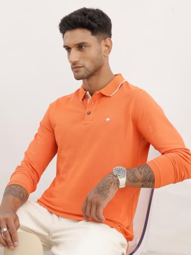 Image of WROGN Men's Tipping Collar Full Sleeve Polo T-Shirt | Orange