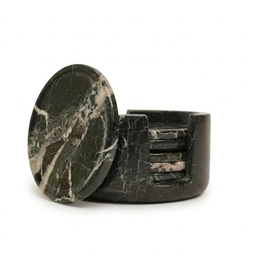 Marble Coasters Set of 6 with Holder - Round Drink Coasters for Tabletop, Stone Coaster Set with Holder for Coffee Table, 3.5 Inch Black Zebra Marble Home Decor