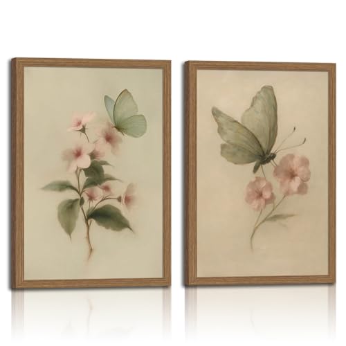 2pcs Vintage Butterfly Floral Framed Canvas Wall Art Antique Botanical