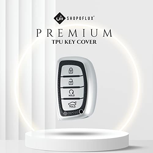 SHOPOFLUX TPU Leather Key Cover Compatible with Hyundai Alcazar and Creta Car 4 Button Smart Key (Black Silver)